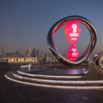 The official clock counting down the Qatar 2022 FIFA World Cup before sunrise