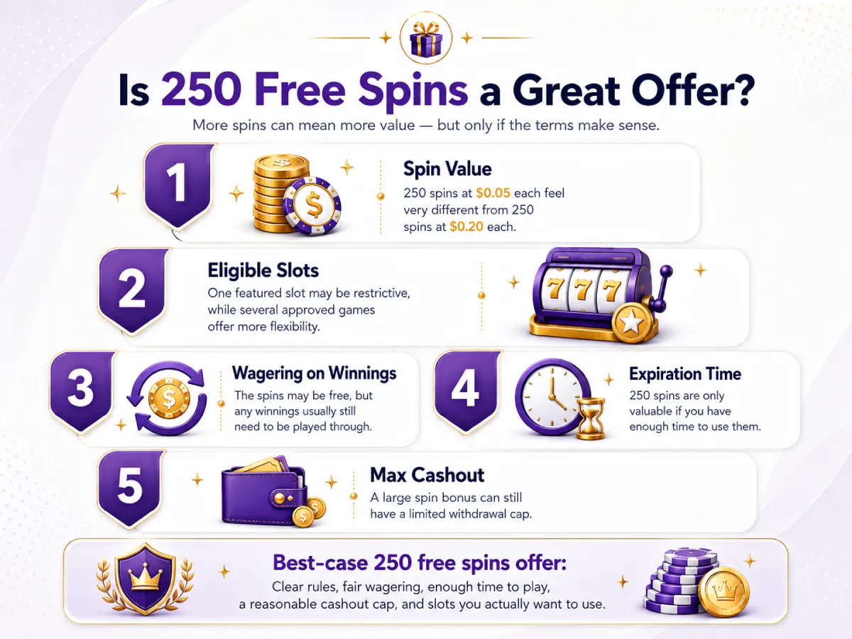 Guide to evaluating a 250 free spins no deposit bonus